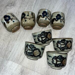 Vintage 8pc Set Japanese Stoneware Blue Brown Flower Design